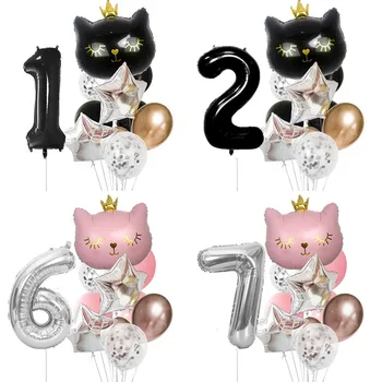 12pcs Kaķis Dzimšanas dienas svinības Balonu Komplekts Black Silver Skaits 0-9 Gadi Partijas Apdare Balonu Komplekts Vainagu Kaķis Balonu Paketes