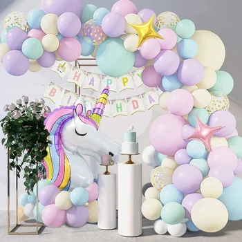 147pcs Macaron Unicorn Meitene Happy Birthday Party Balonu Arku Komplekts Baby Dušas Rotājumus Bērniem Konfeti Hēlijs, Folija Baloni Komplekts