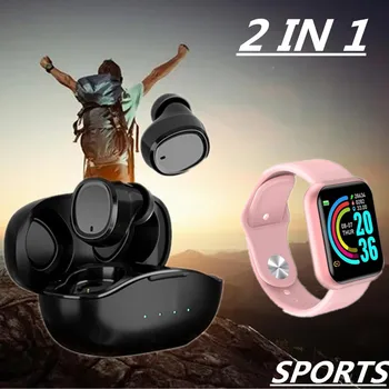 2 In 1 TWS Bluetooth Bezvadu Austiņas ar Smart Skatīties Bezmaksas Piegāde Sports Fitnesa Rokassprādze HandFree Touch In-ear Austiņas