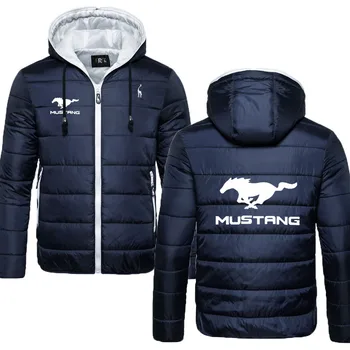 2021Men Parka sporta jaka top Mustangs auto logo drukāt siltu, biezu ziemas jauno pretvēja kapuci vīriešiem Kapuci uz leju kokvilnas jaka