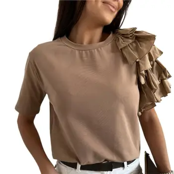 2022. Gadam, Modes Sieviešu Blūze Tīrtoņa Krāsu Kārtojums Ruffles Vasaras Apkalpes Kakla Ielocēm Ikdienas Krekls, Blūze Top Sievietes Streetwear