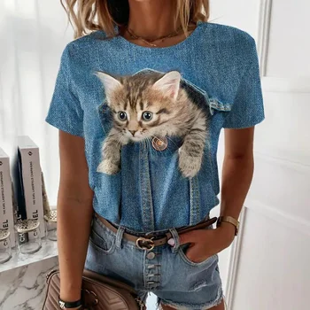 2023 Vasaras Īsām Piedurknēm T-Krekli, Sieviešu Gudrs Kaķis 3D Druka T Kreklu Famale Top O-veida Kakla Harajuku Kawaii Tee Gadījuma Izmēra T-Krekls