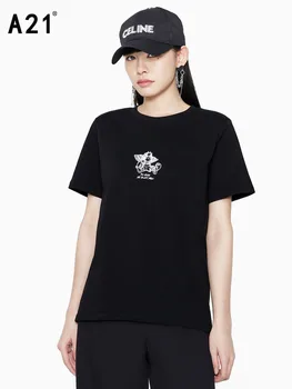 A21 Sieviešu Iespiesti Izšūts Kokvilnas T-krekls 2022. gada Vasarā Jaunu korejiešu Versija Modes Slim Slim Top Gadījuma Apaļu Kakla T-krekls