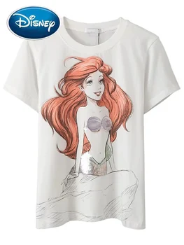 Disney T-Krekls Modes Mazā Nāriņa Ariel Princese Karikatūra Izdrukāt Sequined Sievietēm Ar Īsām Piedurknēm O-Veida Kakla Džemperis T-Veida Topi
