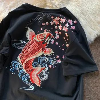 Harajuku Dizaina Boho Ziedu Zivju Izšūšana T Krekli Vintage Ielu Modes Sieviete Tshirts O-veida kakla Zaudēt Gadījuma Balta Vasaras Topi