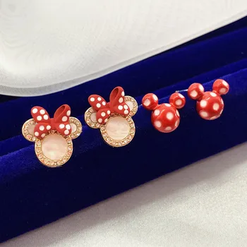INS Kristāla Zircon Sarkana Polka Punktiņi Minnie Mouse Stud Auskari Sievietēm Earrigns Gudrs Disney Mickey Mouse Auss, Kniedes, Rotaslietas