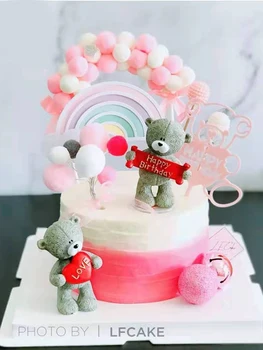 Jauki sirdis Lācis ar pusi varavīksnes Happy Birthday Cake Topper Valentīna Diena, Bērnu Duša Dāvanu Cupcake Deserts Piederumi