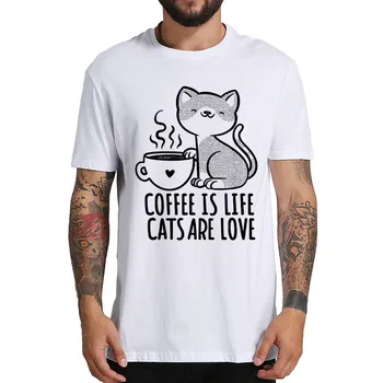 Kafija Ir Dzīvi, Kaķi Ir Mīlestība Smieklīgu T Kreklu Kaķis Ar Kafijas Krūze Tshirt Dzīvnieku Grafiskais Pet Mīļāko Pamata Camiseta 100% Kokvilna