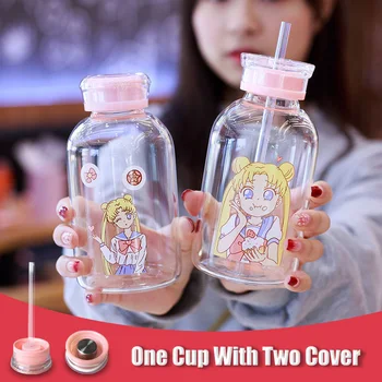 Kawaii Stikla Taza Sailor Moon Pudeles 450ml Kawaii Zupa Kausa Gudrs Dzērienu Pudeles, Krūzes, Stikla Ūdens Pudele Ar Salmiņu Brilles tekila