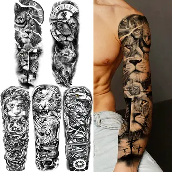Krusta Lauva Pagaidu Tetovējums Piedurknēm Vīriešiem, Sievietēm Black Kompass Ģeometrija Tetovējumu Uzlīmes Viltus Pilnas Rokas Trīsstūris DIY Tatoos Papīra