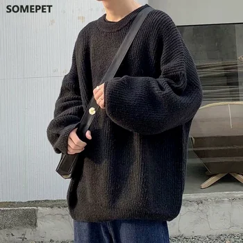 Lielgabarīta O-veida kakla džemperis vīriešu studentu korejas modes brīvs savvaļas melns pelēks džemperis personības tendenci ins vīriešu ziemas džemperis