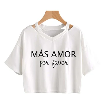Mas Amor Por Favor drukāšanas Y2k Topi, Sieviešu T-krekls Vasaras Sexy Punk V-veida kakla Īsām piedurknēm Gadījuma Harajuku Pieri Ārsts Crop topi
