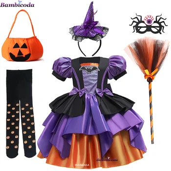 Meitenes Iedomātā Ķirbju Halloween Kleitu Bērni Cosplay Bat Drukāt Raganu Kostīmu Festivāls Puse Bumbu Kleita Bērnu Princese Kleita