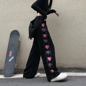 Melns Korejas Sirds Drukāt Bikses Cute Meitene Harajuku Bikses Sieviešu Streetwear Vasaras Rudens Modes Gothic Treniņbikses Sievietēm