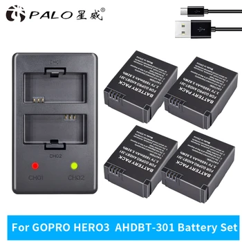 PALO 4gab 1600mAh AHDBT-301 GoPro Hero3 Akumulators + Dual Lādētāju GoPro Hero 3 Hero 3+ Kameru Piederumi digitālo akumulators
