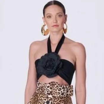 Pavada Melns Satīna Top 3D Ziedi Top Sieviešu Vasaras Apģērbu Melnu Apgrieztu Augšu, Lai Sievietes Puses Sexy Blūzes, Sieviešu Apģērbs