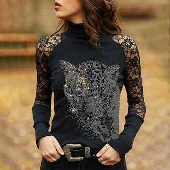 Pavasara Leopard Karstā Urbt Drukāt Dāmas T-Krekls Modes Cietā Mežģīnes, Sexy Sievietes T Y2k Gothic Tee Garām Piedurknēm Kluba Topi Apģērbi