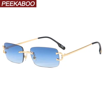 Peekaboo bez apmales taisnstūra formas saulesbrilles vīriešiem zelta metāla bezrāmju mazās dāmas, saules brilles vintage uv400 vasaras stilā sievietēm
