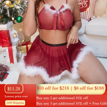 Plus Lieluma Ziemassvētku Apakšveļas Seksīgu Porno Apakšveļa Sievietēm Bodysuit Redzēt Cauri Krūšturis Mini Kleita Spalvu Sexy Santa Erotiska Kostīmi