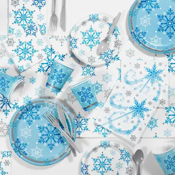 Saldēti Tēmu Puse, Piegādes Snowflake Pattern Vienreizējās Lietošanas Galda Piederumu Komplekts Baby Dušas Meitenes Dzimšanas Dienas Ballīti Dekori