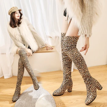 Sexy Slim Fit Elastīgs Leopard Virs Ceļgala Zābaki Sieviešu kurpes Jauna Rudens Ziemas dāmas augstpapēžu virs ceļgala Ilgi Augšstilba Augstās botas