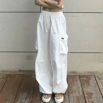 Sieviešu Korejiešu Stilā, Streetwear Baltu Kravas Bikses Sieviešu Hipiju Lielajam Kabatas Melnu Skriešanas Zaudēt Plaša Kāju Bikses Sievietēm
