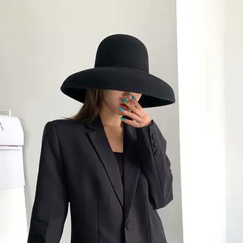 Vintage Hepburn Stils Luksusa Hat, Fedora Cepuri Ziemā Silts, 100% Vilna Catwalk Modeli Pasūtījuma Atpūtas Dāma Melnu Vāciņu Sievietes Āra Cepure