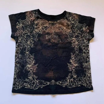 Y2K Estētisko Vintage Īsām Piedurknēm Kultūraugu Top Dimantu Grafiskais Izdrukāt T-krekls Fairycore Grunge Retro Džemperi t-veida Krekls Sievietēm