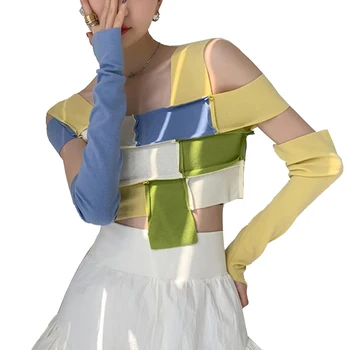 Y2k Krāsu Bloku Sieviešu Adīt Kultūraugu Top Dizaineru T-Krekls Raibs Aust Modes Tee Kreklu Estētisko Drēbes