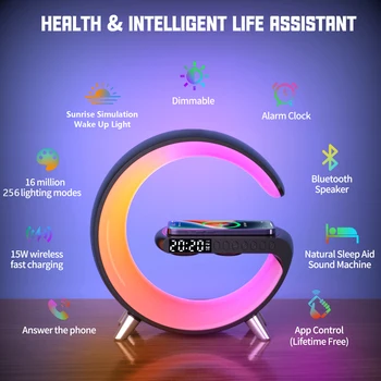 YOVONINE RGB Smart Alarm Clock Nakts Gaisma WiFi Pamosties Gaismas Saullēkta/Saulrieta ar Alexa, Google Home Galddatoros Bluetooth Skaļrunis