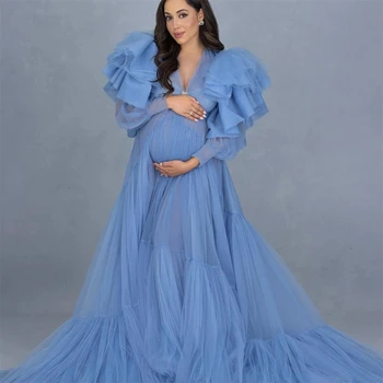 Zils, Elegants Kāzu Tilla Maternitātes Kleita Baby Duša vai Foto Atvašu Ruffles Pūkains Tilla Ilgu Maternitātes Tērpi Milzīgais Halāti