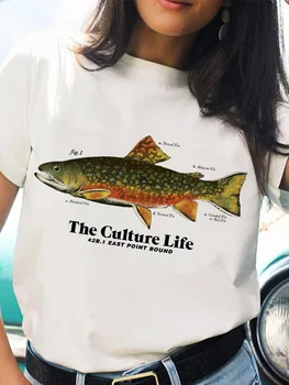 Zivju Iespiests T Dzīva CartoonT-krekls Vasaras Sieviešu T-krekli Sieviete 2022 O-veida kakla Īsām Piedurknēm Meitenēm Balts t-veida Topi