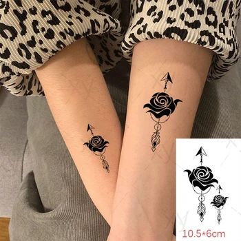 Ūdensnecaurlaidīgus Pagaidu Tetovējumu Uzlīmes Melnā Roze, Peonija Bultiņas Spalvu Viltus Tatto Flash Tetovējums Tatouage Kaklu, Rokas, Rokas Sievietes Vīrieši